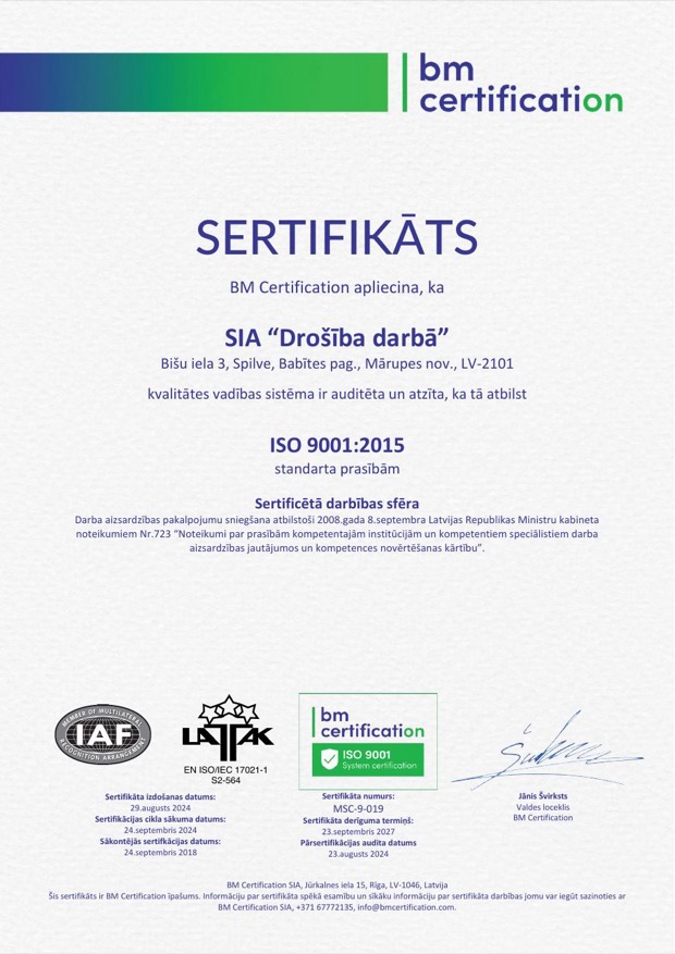 SIA „Drošība darbā” ISO 9001:2015 sertifikāts, BM Certification